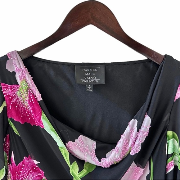 Carmen Marc Valvo Black Floral Print Draped Neck Embellished Silk Top Size 4 - Picture 2 of 8